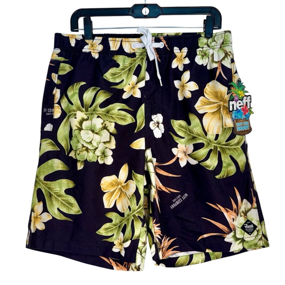 NWT Neff Men’s Black Board Shorts Medium Hot Tub Green and Yellow Floral Print